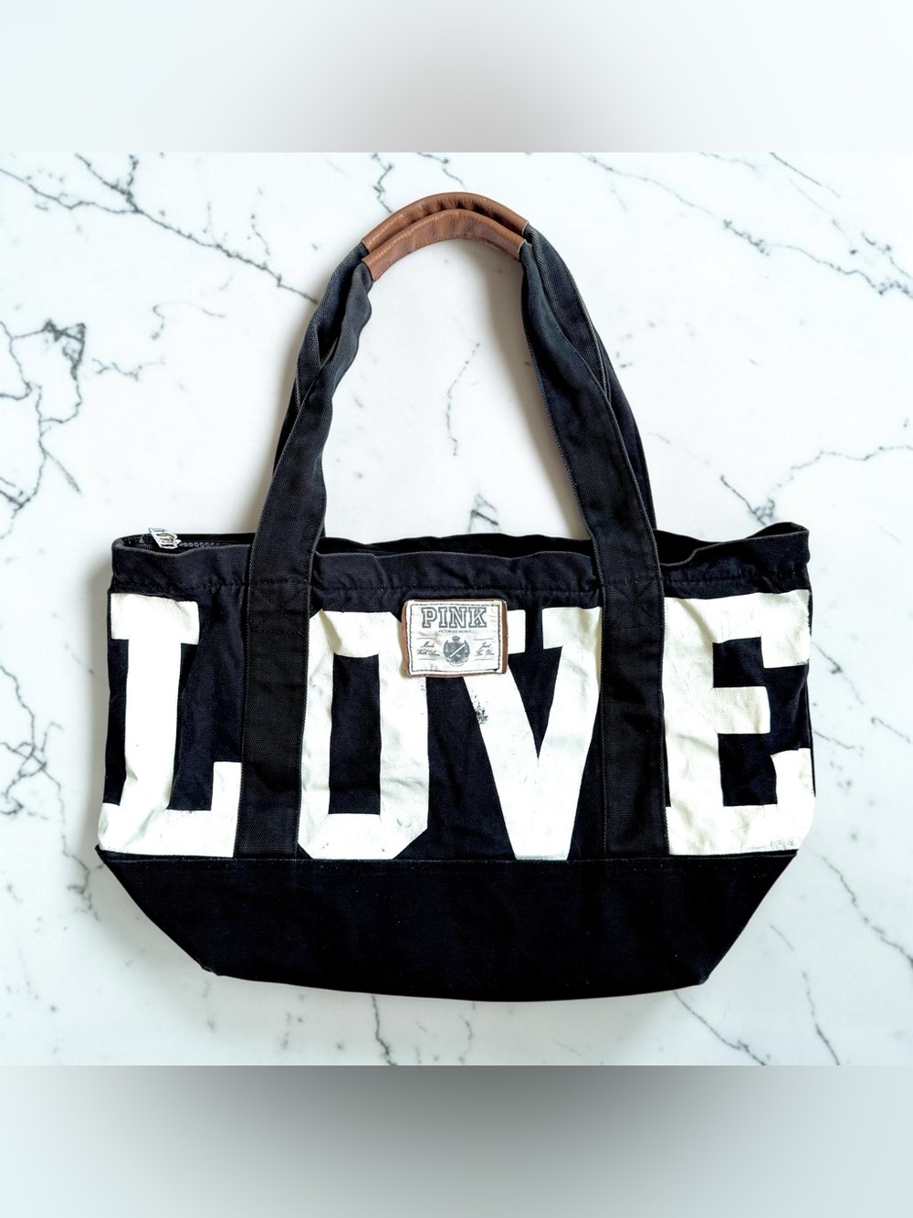 Victoria’s Secret Love PINK Canvas Tote Bag 2010 Black Large Graphic Zip Y2K